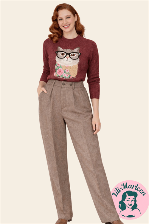 Miss Herringbone – Vintagebukser med Struktur (Latte)